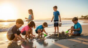 Children playing on the sand and collecting shells without screens