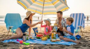 Family enjoying snacks under an umbrella after swimming at the beach
