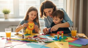 Mom and children doing a screen-free craft activity at home