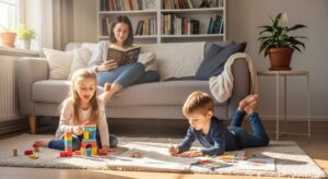 Mother relaxing with a book while children play independently without devices