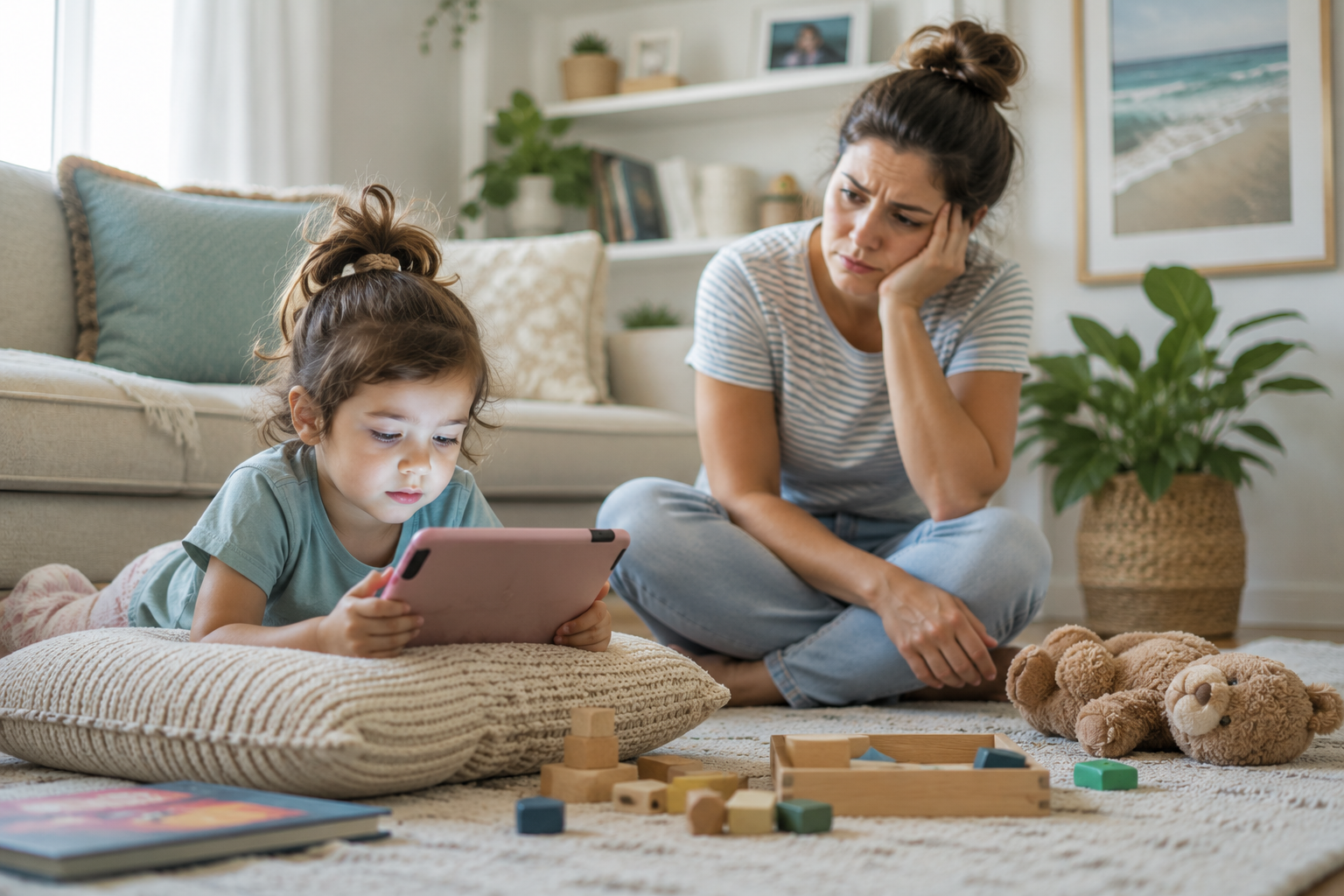 Concerned mother watching child focused on tablet instead of toys in a cozy coastal living room