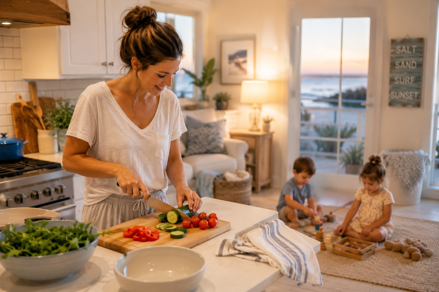 Mom preparing dinner while children play calmly nearby