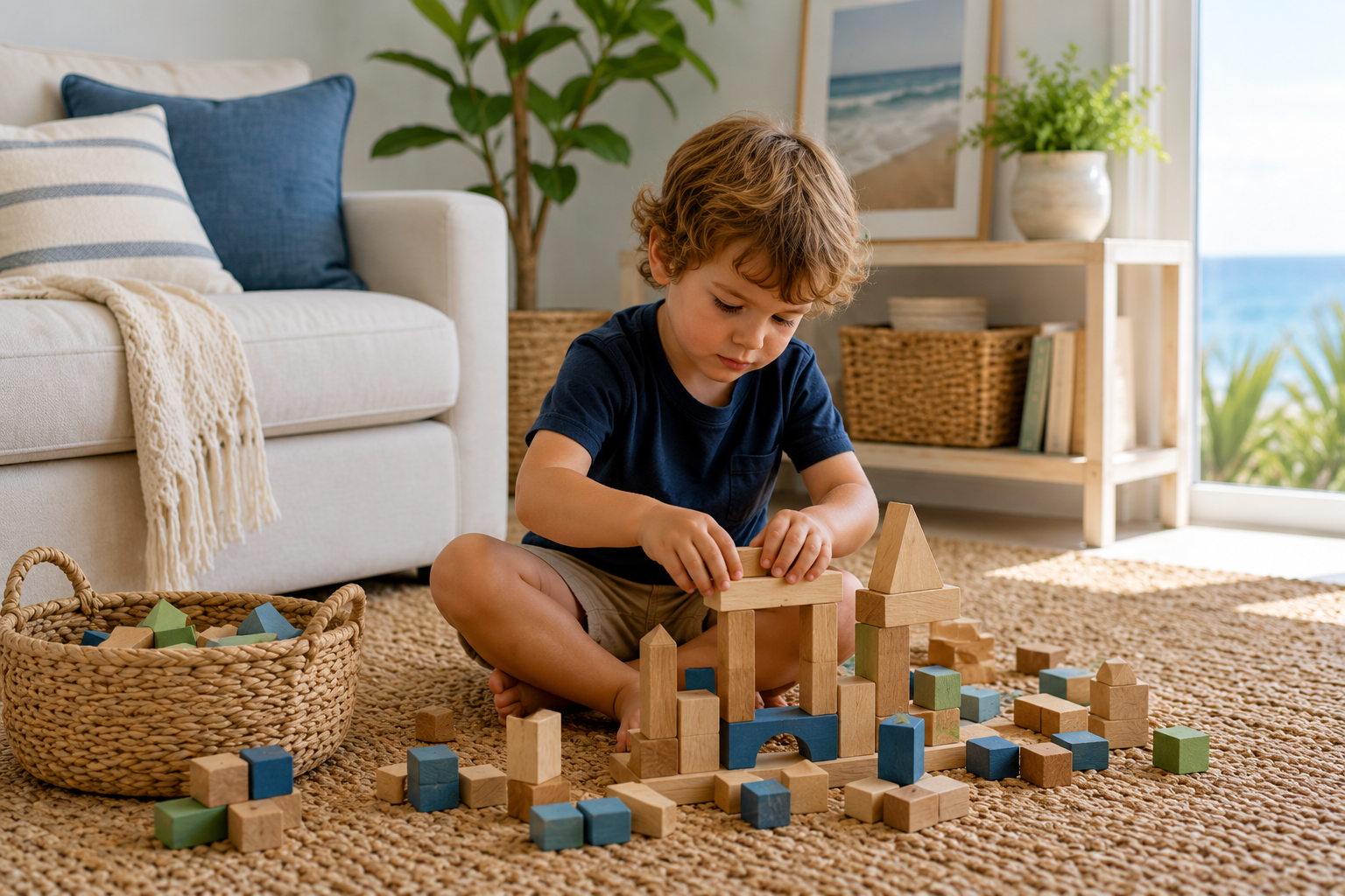 Young child building blocks independently without screens