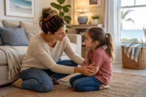 Mother listening calmly while setting a clear boundary with her child