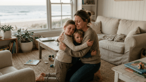 Mother reconnecting with children after calmly resolving a conflict