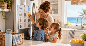 Mom and children following a simple family chore routine