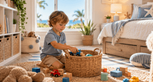 Young child independently putting toys away after playtime